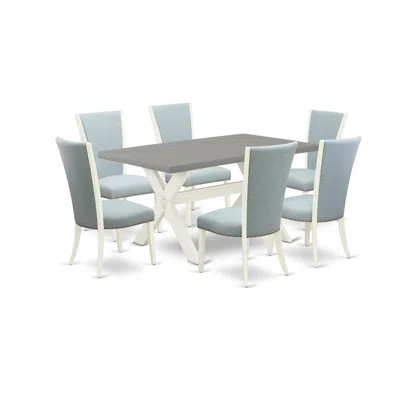 East West Furniture 7 Piece Dining Room Table Set - 6 Baby Blue Linen Fabric Parson Dining Chairs With Nailheads And Cem In Multi