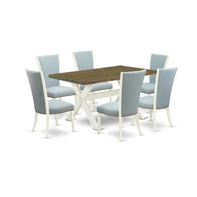 East West Furniture 7 Piece Dining Room Table Set - 6 Baby Blue Linen Fabric Parson Dining Room Chairs With Nailheads An