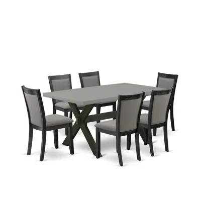East West Furniture 7 Piece Dining Room Table Set - A Cement Top Mid Century Dining Table With Trestle Base And 6 Dark G In Gray