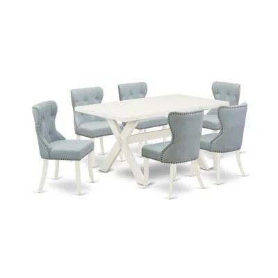 East West Furniture 7-piece Dining Set- 6 Padded Parson Chairs With Baby Blue Linen Fabric Seat And Button Tufted Chair 