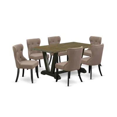 East West Furniture 7-piece Dining Set- 6 Upholstered Dining Chairs With Coffee Linen Fabric Seat And Button Tufted Chai In Brown