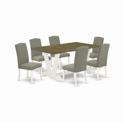 East West Furniture 7-piece Fashionable Dining Set A Great Distressed Jacobean Kitchen Table Top And 6 Attractive Linen  In Gray
