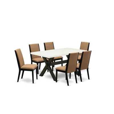 East West Furniture 7-piece Gorgeous A Good Linen White Dining Table Top And 6 Awesome Linen Fabric Parson Dining Chairs In Brown