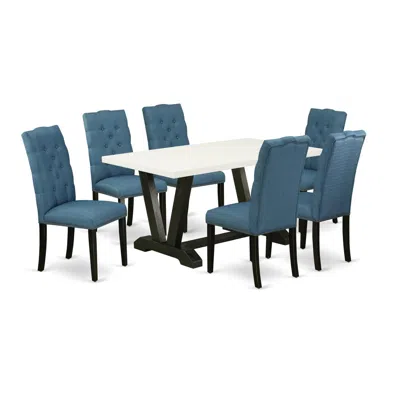 East West Furniture 7-piece Gorgeous Rectangular Table Set An Outstanding Linen White Dining Table Top And 6 Lovely Line In Multi