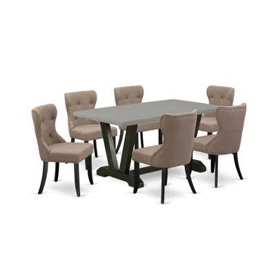 East West Furniture 7-piece Kitchen Dining Room Set- 6 Kitchen Chairs With Coffee Linen Fabric Seat And Button Tufted Ch In Brown