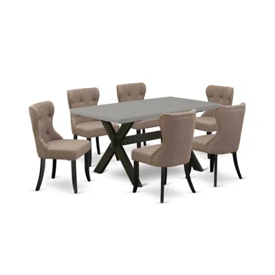 East West Furniture 7-piece Kitchen Dining Set- 6 Upholstered Dining Chairs With Coffee Linen Fabric Seat And Button Tuf In Brown