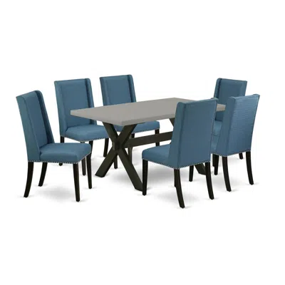 East West Furniture 7-piece Kitchen Set - 6 Upholstered Dining Chairs And Small Dining Table Solid Wood Structure In Blue