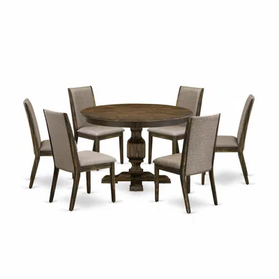 East West Furniture 7 Piece Kitchen Table Set Contains A Kitchen Table And 6 Dark Khaki Linen Fabric Dining Room Chairs  In Brown