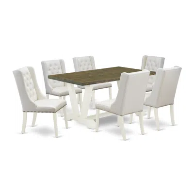 East West Furniture 7-piece Kitchen Table Set Includes 6 White Pu Leather Dining Chairs Button Tufted With Nailheads And In Neutral