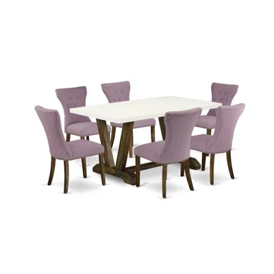 East West Furniture 7-piece Modern Dining Set- 6 Upholstered Dining Chairs With Dahlia Linen Fabric Seat And Button Tuft In Purple