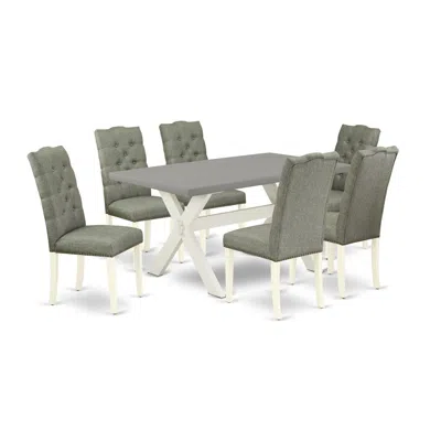 East West Furniture 7-piece Modern Dining Set- 6 Upholstered Dining Chairs With Smoke Linen Fabric Seat And Button Tufte In Gray