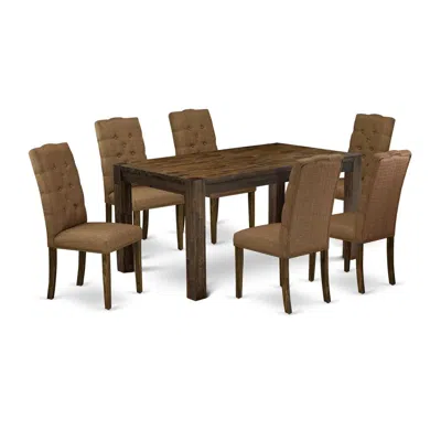 East West Furniture 7-piece Modern Dining Table Set- 6 Dining Room Chairs With Brown Beige Linen Fabric Seat And Button 