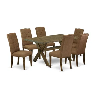 East West Furniture 7-piece Rectangular Dining Table Set - 6 Dining Room Chairs And A Rectangular Dinette Table Solid Wo In Brown