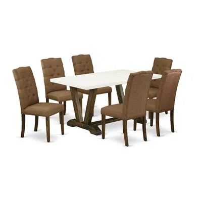 East West Furniture 7-piece Small Dining Table Set - 6 Dining Room Chairs And A Rectangular Dining Table Solid Wood Fram In Brown