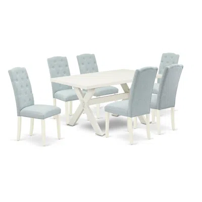 East West Furniture 7-piece Small Dining Table Set - 6 Padded Parson Chairs And A Rectangular Table Hardwood Structure In Blue