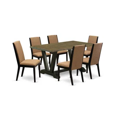 East West Furniture 7-piece Stylish A Superb Distressed Jacobean Dining Table Top And 6 Gorgeous Linen Fabric Dining Cha In Multi
