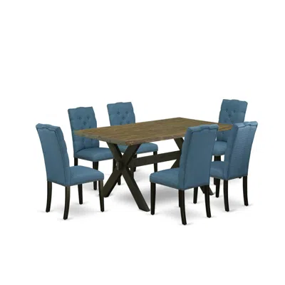 East West Furniture 7-piece Stylish Dining Set An Outstanding Distressed Jacobean Wood Dining Table Top And 6 Wonderful  In Blue