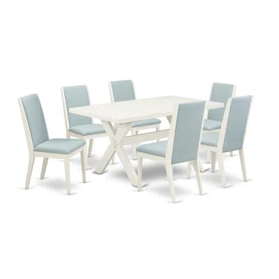 East West Furniture 7pc Dinette Set Includes A Wood Table And 6 Upholstered Dining Chairs With Baby Blue Color Linen Fab