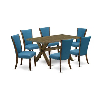 East West Furniture 7pc Dinette Sets For Small Spaces Offers A Rectangular Table And 6 Parson Chairs With Blue Color Lin