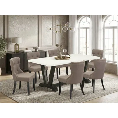 East West Furniture 7-piece Dining Room Set Includes A Linen White Wood Table And 6 Blue Linen Fabric Parson Chairs - Wi In Linen White,wirebrushed Black,blue