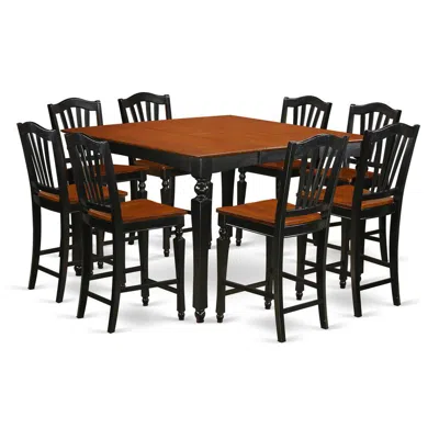 East West Furniture 9 Pc Counter Height Set- Square Pub Table And 8 Stools In Brown