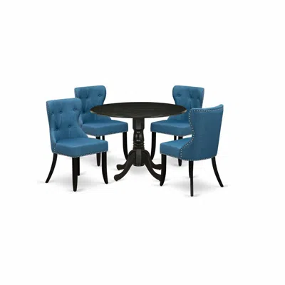 East West Furniture A Dining Room Table Set Of 4 Wonderful Kitchen Chairs Using Linen Fabric Mineral Blue Color And A Be