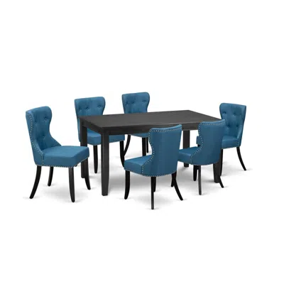 East West Furniture A Dining Table Set Of 6 Fantastic Kitchen Dining Chairs Using Linen Fabric Mineral Blue Color And A 