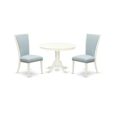 East West Furniture A Wooden Dining Table Set Of Two Amazing Dining Chairs With Linen Fabric Baby Blue Color And A Fanta In White