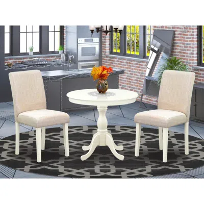 East West Furniture Amab3-lwh-02 3 Pc Kitchen Table Set - 1 Pedestal Table And 2 Light Beige Parson Chairs - Linen White