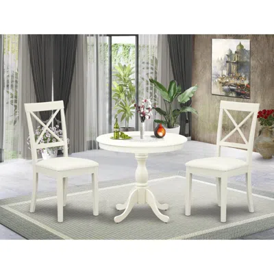East West Furniture Ambo3-lwh-c 3 Pc Dining Room Set - 1 Pedestal Dining Table And 2 Linen White Dining Chair - Linen Wh