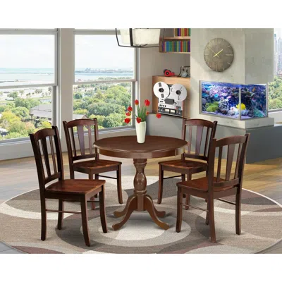 East West Furniture Amdl5-mah-w - 5-piece Modern Dining Set- 4 Dining Chair And Wood Dining Table - Wooden Seat And Slat In Brown