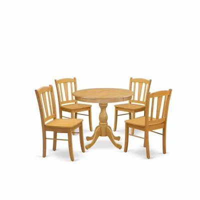East West Furniture Amdl5-oak-w - 5-piece Dining Room Table Set- 4 Dining Room Chairs And Kitchen Dining Table - Wooden  In Brown