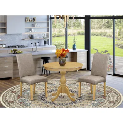East West Furniture Amdr3-oak-16 3 Piece Dining Table Set - 1 Pedestal Dining Table And 2 Dark Khaki Parson Chairs - Oak In Brown