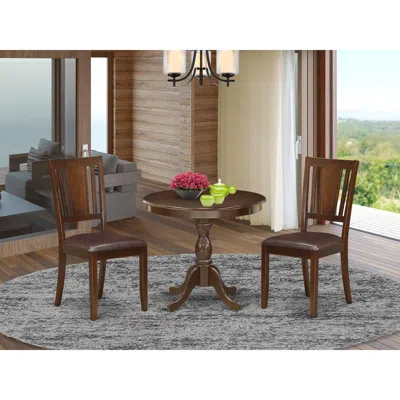East West Furniture Amdu3-mah-lc 3 Piece Modern Dining Table Set Contains 1 Round Pedestal Table And 2 Mahogany Faux Lea In Black