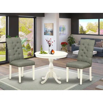 East West Furniture Amel3-lwh-07 3 Piece Dining Set - 1 Round Pedestal Table And 2 Smoke Dining Room Chairs - Linen Whit