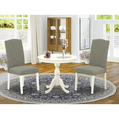 East West Furniture Amen3-lwh-06 3 Piece Dining Set - 1 Pedestal Table And 2 Dark Shitake Dining Room Chair - Linen Whit In Green