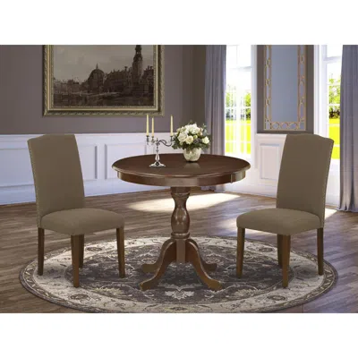 East West Furniture Amen3-mah-18 3 Piece Dining Table Set - 1 Pedestal Table And 2 Dark Coffee Dining Chairs - Mahogany 