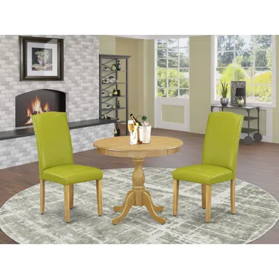East West Furniture Amen3-oak-51 3 Piece Wooden Dining Table Set - 1 Pedestal Table And 2 Autumn Green Parsons Chair - O