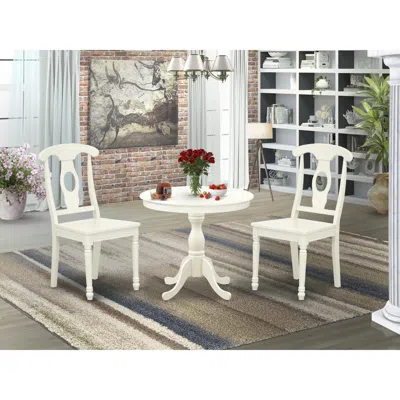 East West Furniture Amke3-lwh-w 3 Piece Dining Set - 1 Pedestal Table And 2 Linen White Wooden Kitchen Chairs - Linen Wh