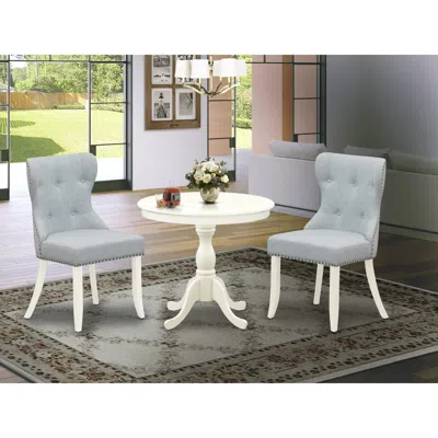 East West Furniture Amsi3-lwh-15 3 Piece Dining Table Set - 1 Pedestal Table And 2 Baby Blue Parson Chairs - Linen White In Multi