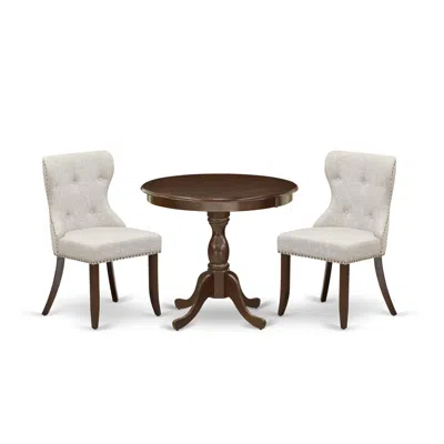 East West Furniture Amsi3-mah-35 3 Piece Dining Table Set - 1 Kitchen Table And 2 Doeskin Kitchen Chairs - Mahogany Fini In Brown