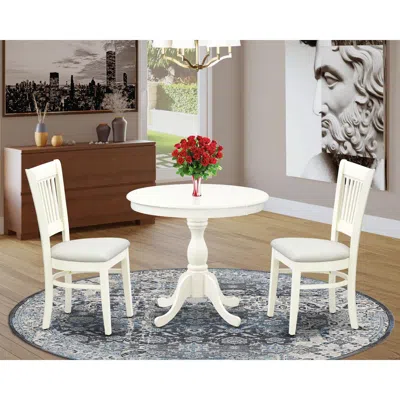 East West Furniture Amva3-lwh-c - 3-piece Dinette Set- 2 Dining Room Chair And Round Dining Table - Linen Fabric Seat An In White