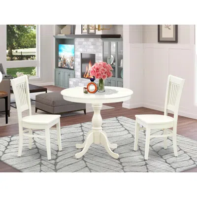 East West Furniture Amva3-lwh-w - 3-pc Dining Room Table Set- 2 Dining Room Chair And Dining Table - Wooden Seat And Sla In White
