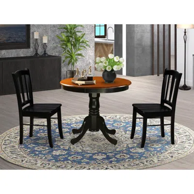 East West Furniture Andl3-blk-w - 3-piece Dining Room Set- 2 Dining Chair And Modern Round Dining Table - Wooden Seat An In Brown