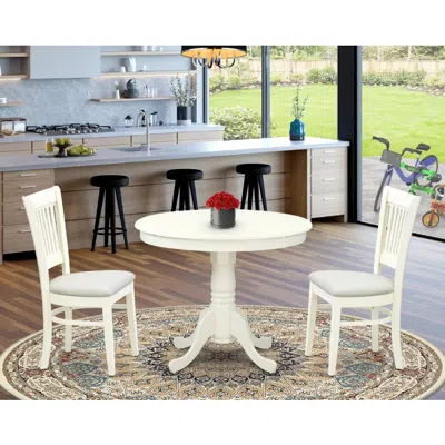 East West Furniture Anva3-lwh-c - 3-pc Dining Room Table Set- 2 Wooden Chairs And Round Dining Table - Linen Fabric Seat In White
