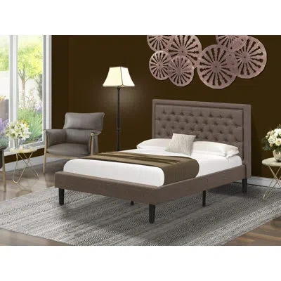 East West Furniture Bed - Linen Fabric Upholestered Bed Headboard With Button Tufted Trim Design - Black Finish In Brown