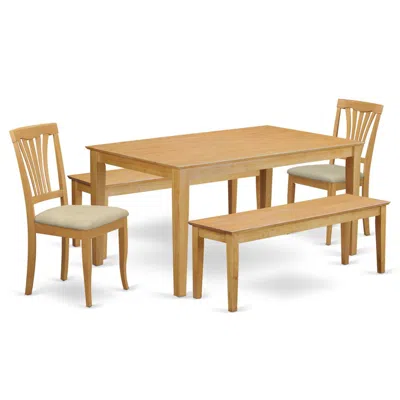 East West Furniture Caav5c-oak-c 5 Pckitchen Table Set - Table And 2 Dining Chairs Combined With 2 Benches In Brown