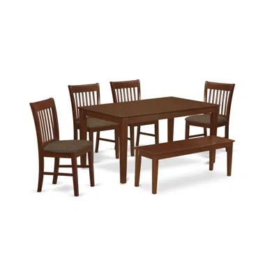 East West Furniture Cano6c-mah-c 6-pc Dining Table With Bench Set- Table And 4 Dining Chairs And Bench