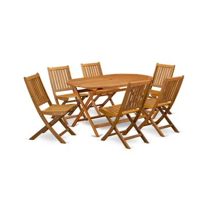 East West Furniture Didk7cwna 7-piece Outdoor Table Set- 6 Outdoor Folding Chairs Slatted Back And Patio Table And Round In Pink