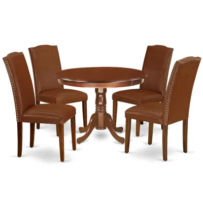 East West Furniture Dining Room Set Mahogany, Hlen5-mah-66 In Brown